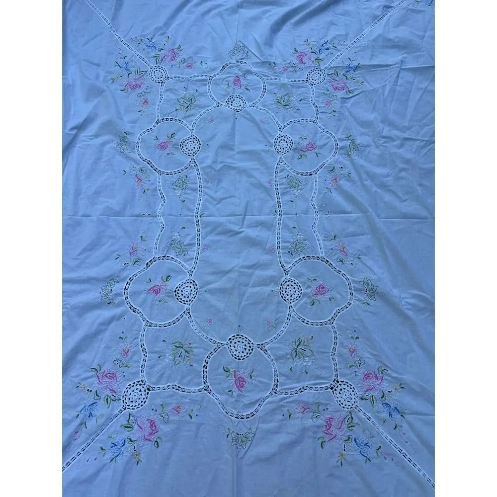 Vintage Hand Embroidered Tablecloth White floral pink blue beautiful cut out